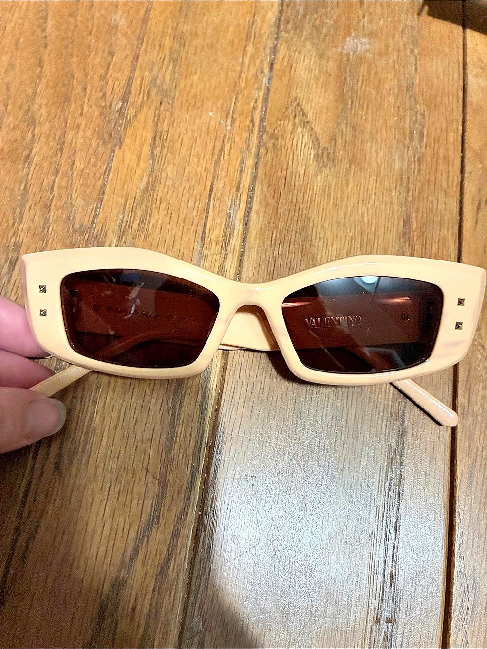 Valentino Studded Square-Frame Sunglasses in Beige